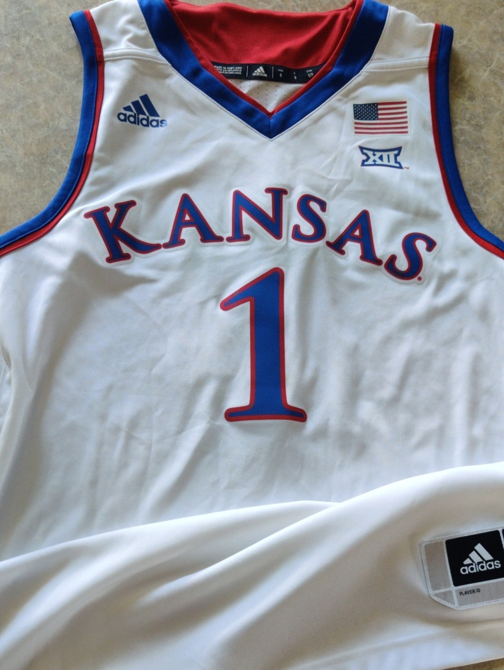 adidas KU White Basketball Jersey with Blue and Red Trim - #1